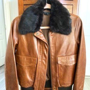 Theory Woman's Brown Leather Bomber Jacket w/detachable rabbit collar